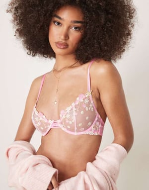 ASOS DESIGN Cleo premium broderad bh med byglar i rosa