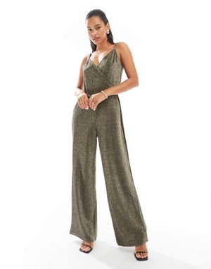 Vero Moda bandat vida byxdress i svart och guldglitter