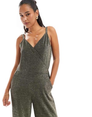 Vero Moda bandat vida byxdress i svart och guldglitter