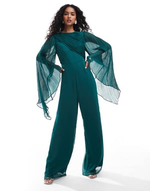 ASOS DESIGN överdrivna ärmar chiffong vida byxdress i juvelgrön