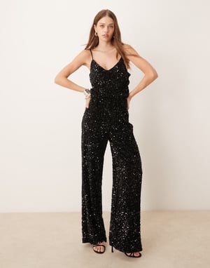Vila V-ringad ärmlös jumpsuit med paljetter i svart