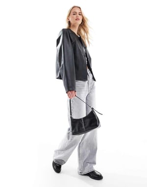 ASOS DESIGN Hög krage utan krage ren läderlik jacka i svart