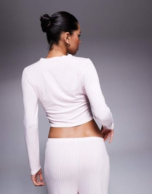 Kaiia Exclusive button through bow v neck pyjama top co-ord in pink stripe