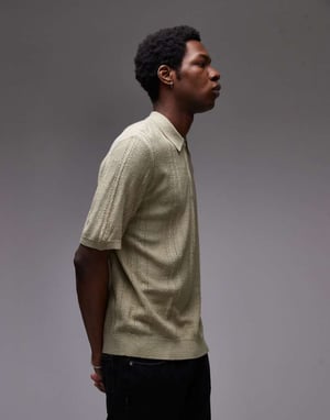 Topman stickad kortärmad 1/4 dragkedja texturerad polo-tröja i salvie