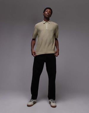 Topman stickad kortärmad 1/4 dragkedja texturerad polo-tröja i salvie