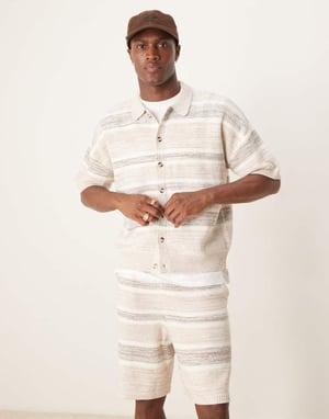 ASOS DESIGN relaxed knitted button through space dye polo co-ord in beige