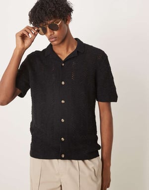 Abercrombie & Fitch kortärmad virkad knapp-up polo i svart