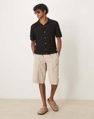 Abercrombie & Fitch kortärmad virkad knapp-up polo i svart