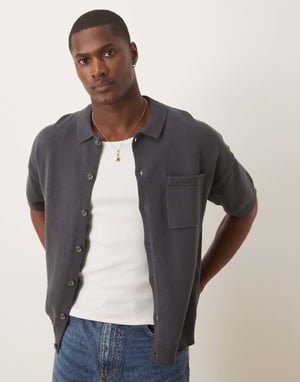 ASOS DESIGN relaxed midweight knitted cotton button through polo in charcoal