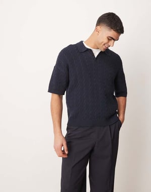 ASOS DESIGN avslappnad passform ribbad stickad polo i marinblå