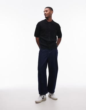 Topman knitted pattern crochet shirt with pocket detail in black