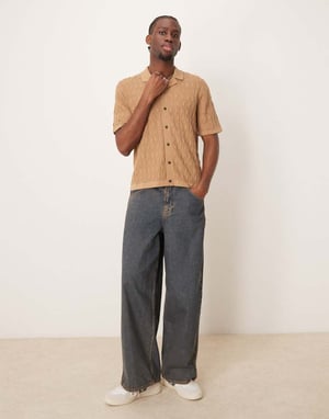 Abercrombie & Fitch short sleeve knit resort button through polo in brown