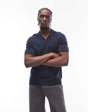 Topman short sleeve knitted open revere shirt in navy