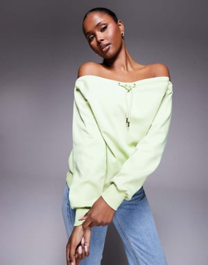 ASOS DESIGN interlock bardot sweatshirt with tie detail in pastel green