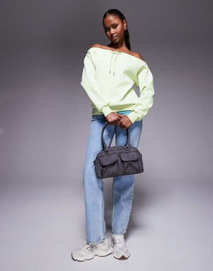 ASOS DESIGN interlock bardot sweatshirt with tie detail in pastel green