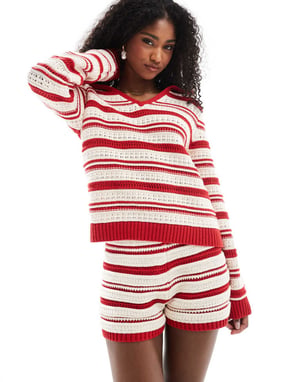 ASOS DESIGN virkat kort co-ord i röd rand