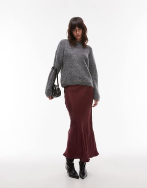Topshop satin snedskuren midikjol i burgundy
