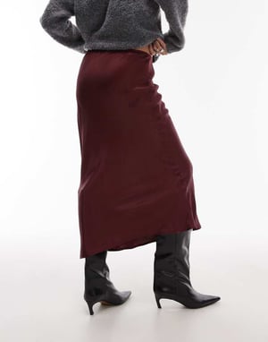 Topshop satin snedskuren midikjol i burgundy