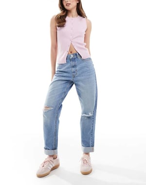 ASOS DESIGN high rise relaxed mom jeans in midwash with knee rips