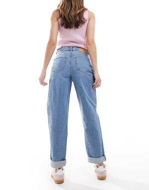 ASOS DESIGN high rise relaxed mom jeans in midwash with knee rips