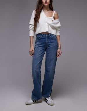 Topshop Runway mid rise rak jeans med sidoklyft i mellanblå