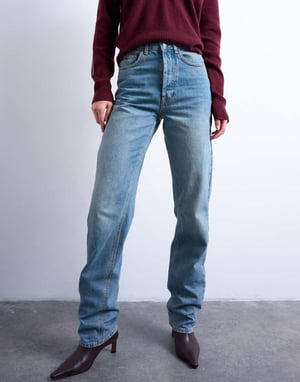Topshop Tall Kort högmidjad rak jeans i vintageblå