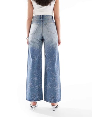 ONLY Hope extra high waist wide leg rhinestone jeans in mid wash
