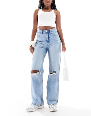 ASOS DESIGN wide leg dad jeans in lightwash with knee rips