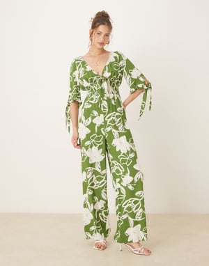 ASOS DESIGN shirred waist jumpsuit action in green floral