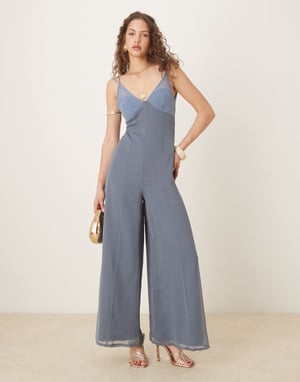 ASOS DESIGN v neck sheer panel chiffon jumpsuit in two tone blue