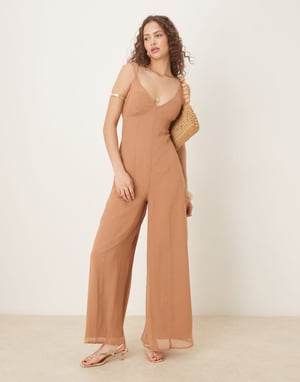 ASOS DESIGN v neck sheer panel chiffon jumpsuit in mocha
