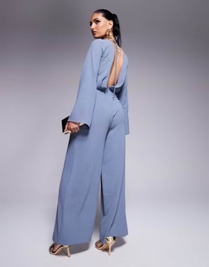 ASOS DESIGN cowl neck long sleeve jumpsuit with open back in dusky blue