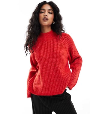 Pieces high neck jumper with wide sleeves in bittersweet red