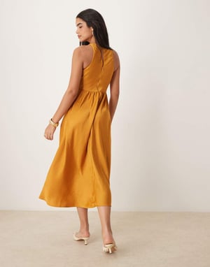 ASOS DESIGN satängklänning med sänkt midja och full kjol i ockra