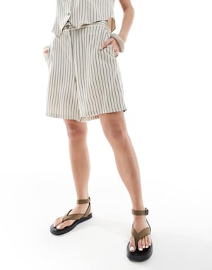 Vero Moda linen touch tailored shorts co-ord in stone stripe