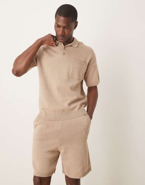 ASOS DESIGN oversized midviktsstickade bomullsshorts set i stenbeige