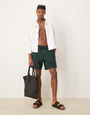 Abercrombie & Fitch 6 inch textured linen drawstring shorts in green