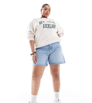ASOS DESIGN Curve denim dad short in midwash blue