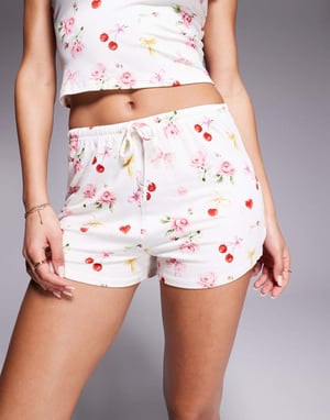 Kaiia exclusive cotton rich mix & match tie waist pyjama shorts co-ord in cherry rose print