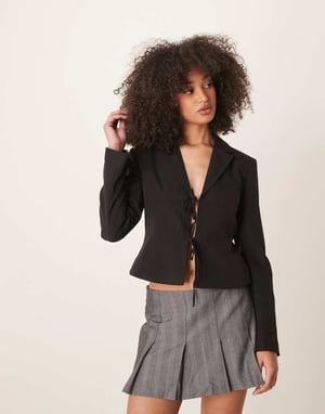 Gina Tricot tailored short fitted blazer with tie front bow detail in black