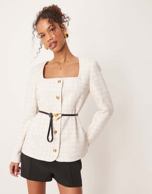 ASOS DESIGN boucle scoop neck belted blazer in off white