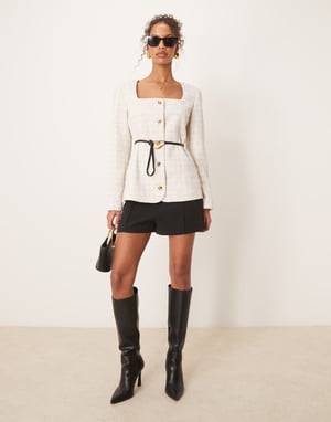 ASOS DESIGN boucle scoop neck belted blazer in off white
