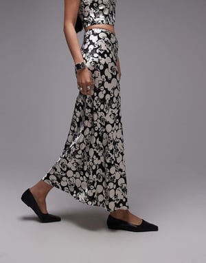 Topshop koord satinmaxikjol i mono blommig