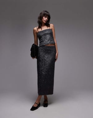 Topshop paljett midi kjol i gråmetall