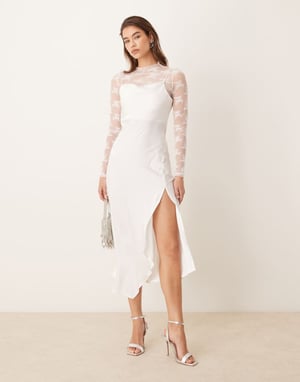 YAS long sleeve lace underlay cami satin dress in gardenia white