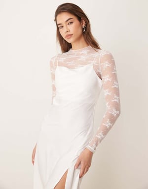 YAS long sleeve lace underlay cami satin dress in gardenia white