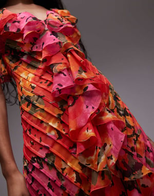 Topshop premiummodell med ryscher och fint mönster i röd och orange blommig