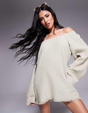 ASOS DESIGN Callie osttyg fransad långärmad strandklänning i tvättad salviagrön