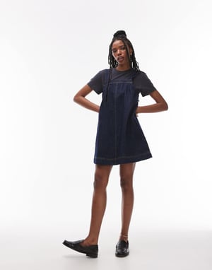 Topshop denimpinneklänning med knapprygg i rå indigo