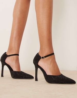 Glamorous pointed high heeled court shoes in black embellished